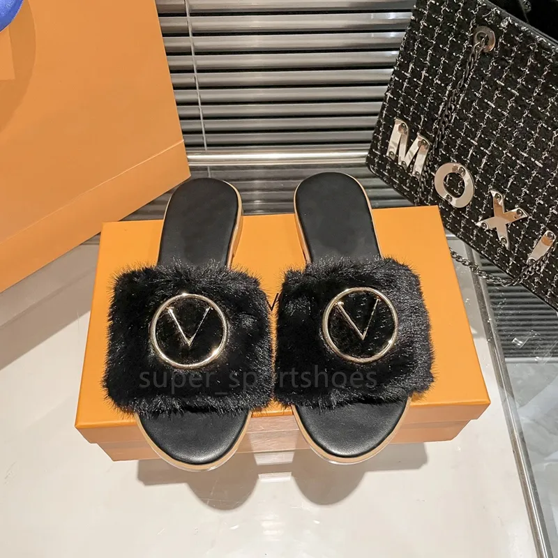 Luxury Slides Designer Women Slippers Wool Fur Fluffy Furry Warm Letters Sandals Comfortable Woman Flip Flop Slipper 35-41