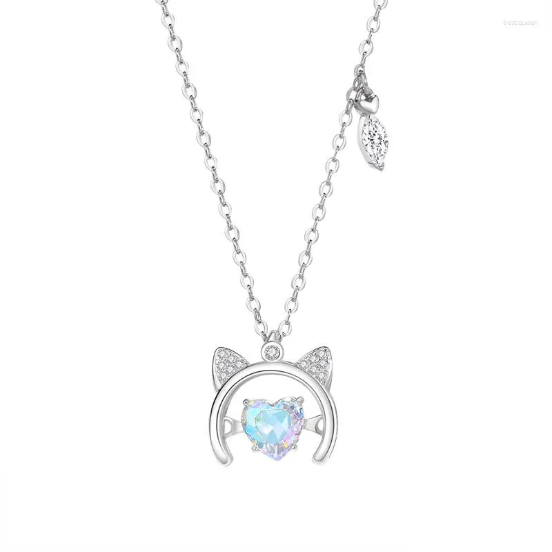 Цепочки S925 Серебряное серебряное ожерелье Умное котенок INS Маленькое и роскошное милое сердце в форме кулонного издания.