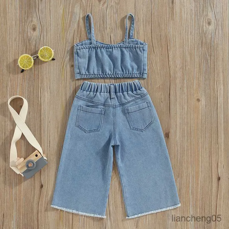 Ensembles de vêtements 2 pièces enfant bébé bébé filles tenues d'été sans manches papillon broderie Cami hauts jean ensemble 1-6T R230805