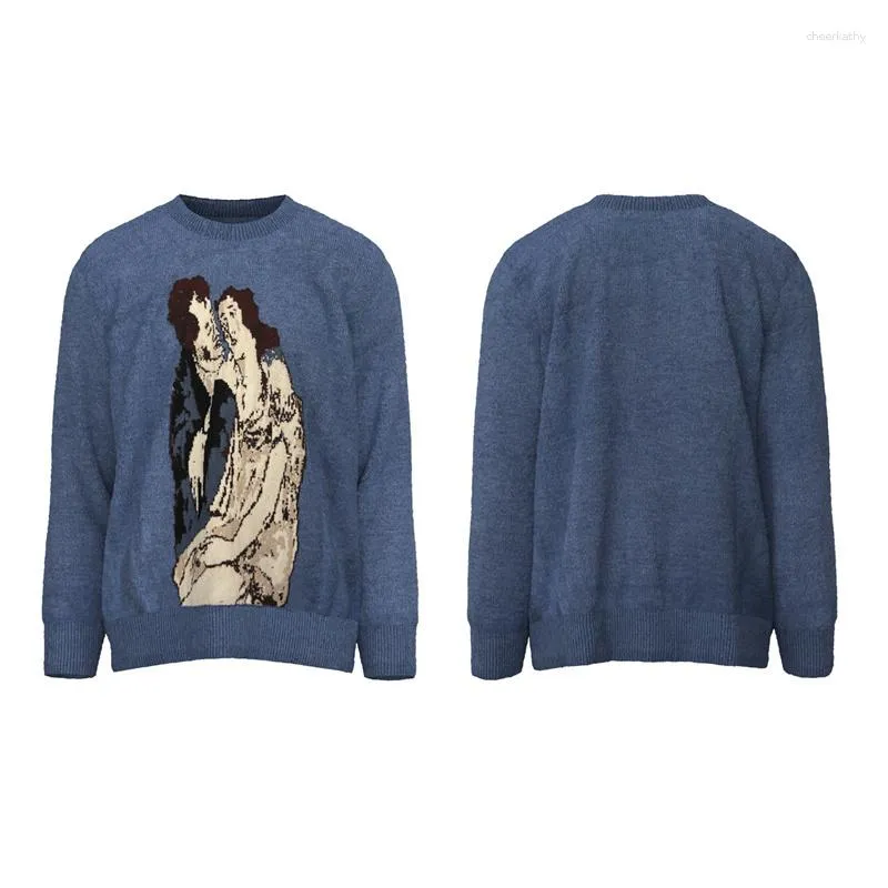 Men's Sweaters ERD Blue Couple Graffiti Printed Sweater Men Women 1:1 High Quality Cashmere Wool Loose Long Sleeve Sweatshirts Knitted