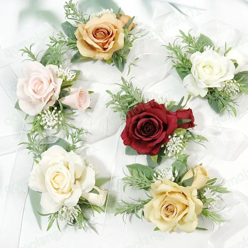 Corsage sztuczny nadgarstek kwiat nowożyc mostowa ręka ręka kwiaty pary groom boutonniere mężczyźni kobiety bransoletka ślub ślubne szpilki