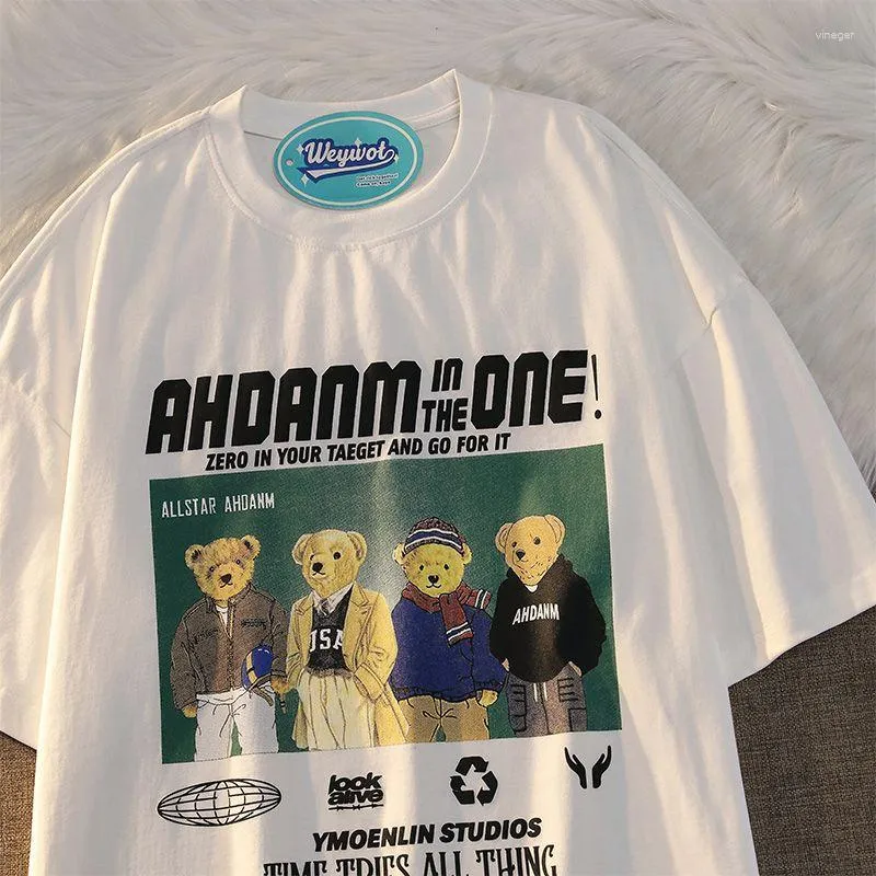 Camisetas masculinas American Trend Hip-hop Cartoon Bear Print Graphic T-shirt Summer Men and Women Loose Fitting Casal Casual Manga Curta Top