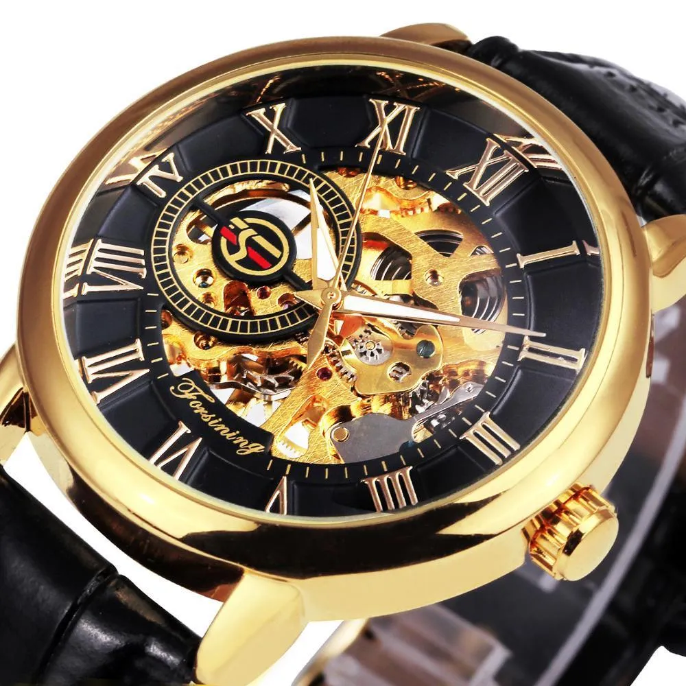 Wristwatches Mechanical Man Gold Watch Mens Watches Top Brand Luxury WINNER Clock Male Skeleton Leather Forsining 3d Hollow Engraving 230804