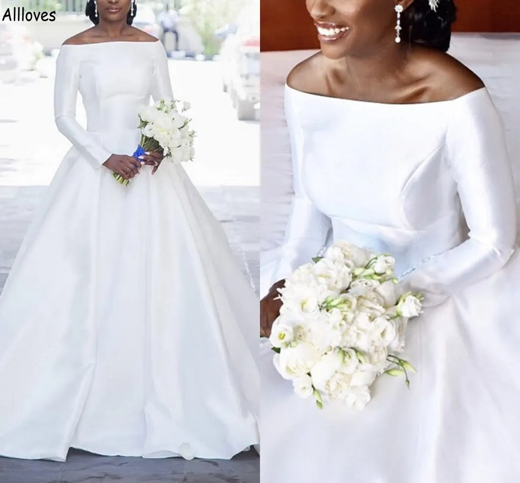 Bateau Neck White Satin Ball Gown Abiti da sposa Ragazze sudafricane Maniche lunghe Eleganti Abiti da sposa formali Semplice cerimonia minimalista Sposa Vestidos CL2668