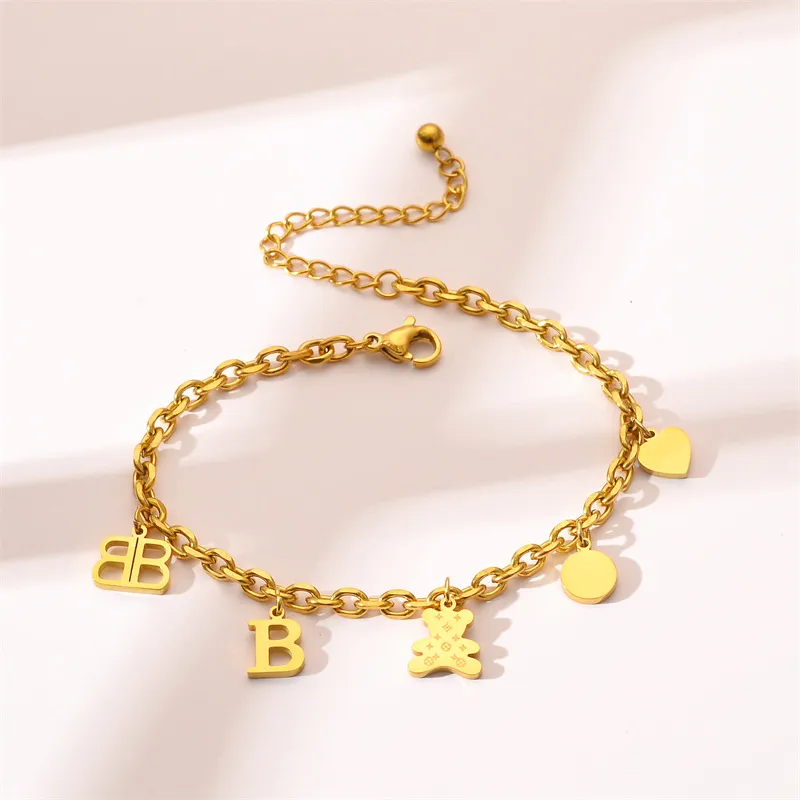 Vacker bokstav BB Bear Charm Armband Bangle Rostfritt stålkedja smycken för kvinnor