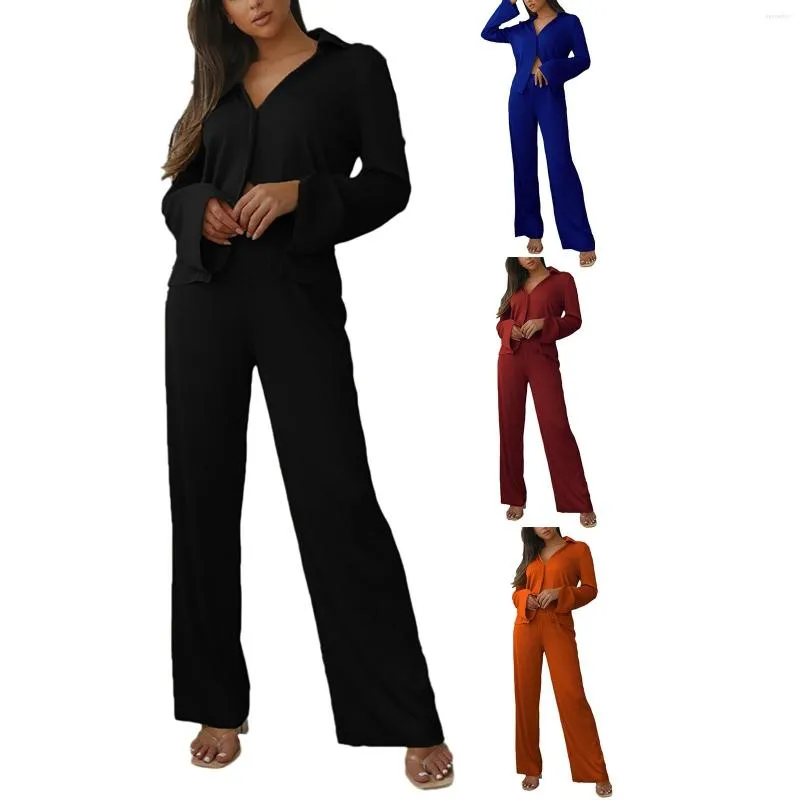 Pantalon deux pièces femme col V chemise tricotée décontracté jambe droite automne et costume femme Ski femme