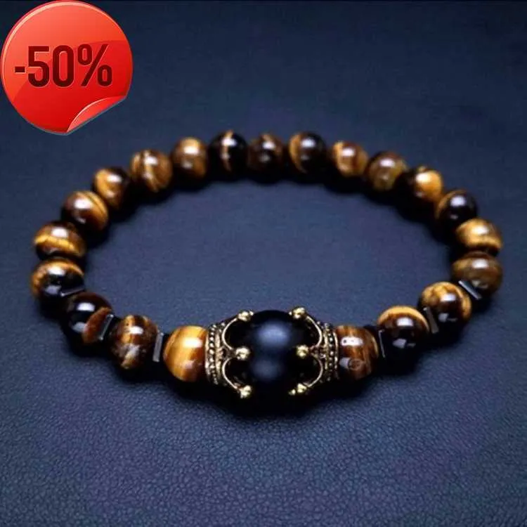 Charm Fashion Natural Jewelry Elasticity Antique Crown Blue Tiger Eye Stone Beaded Men Bracelet