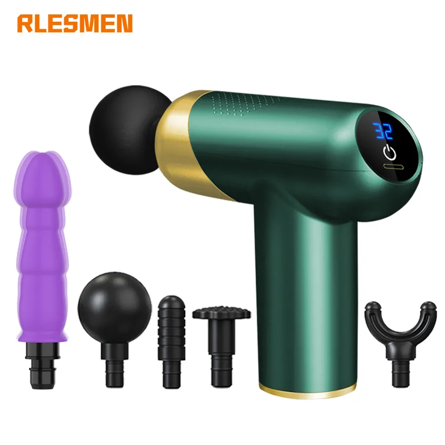 Massageador de corpo inteiro RLESMEN Mini pistola de massagem acessório de cabeça vibrador para mulheres Percussão de tecido profundo Portátil Pescoço fascial 230804