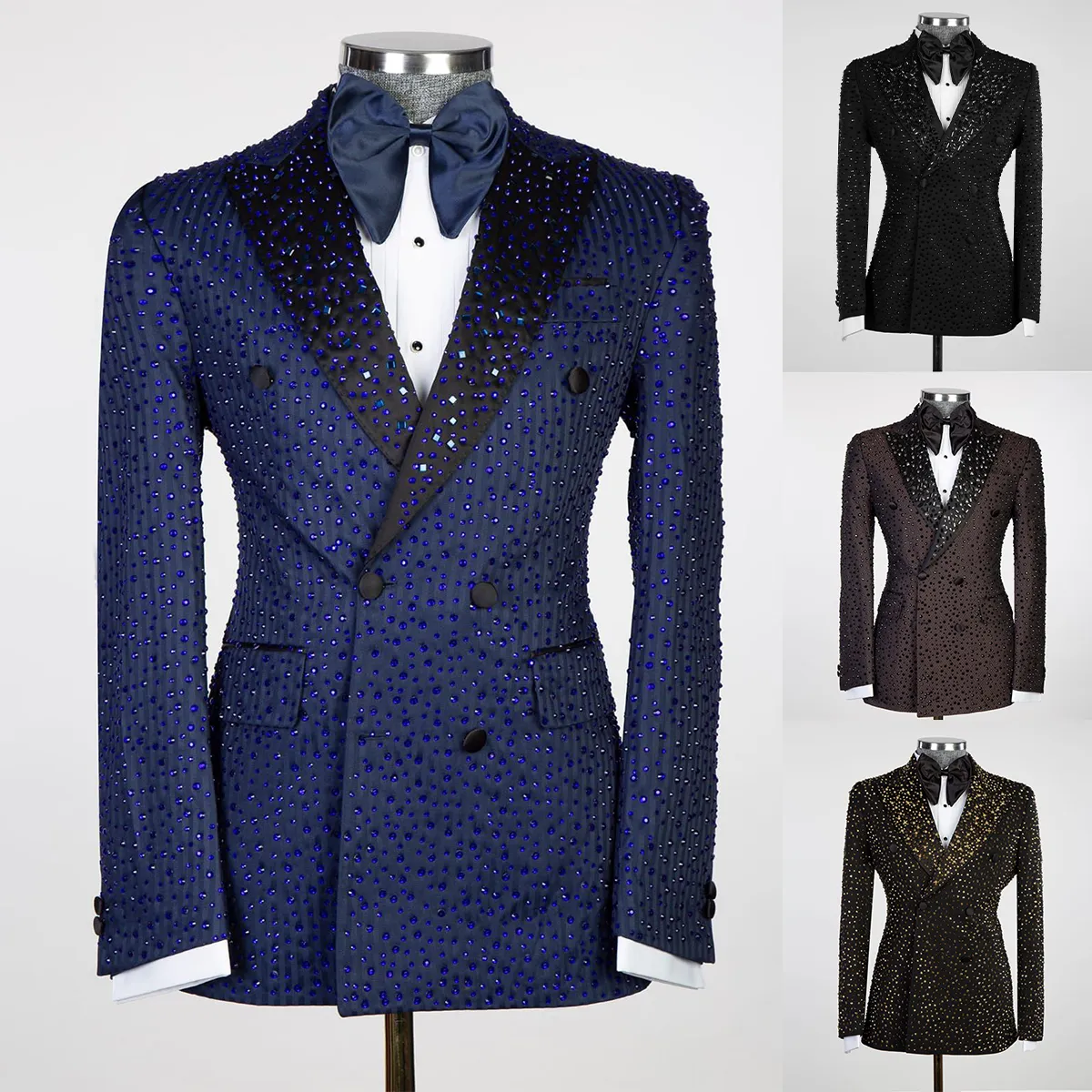 Sparkly Mannen Wedding Suits Piekte Revers Tuxedos Kralen Crystal Bruidegom Dragen 2 Stuks (Blazer + Broek) prom Avond Party Custom Made