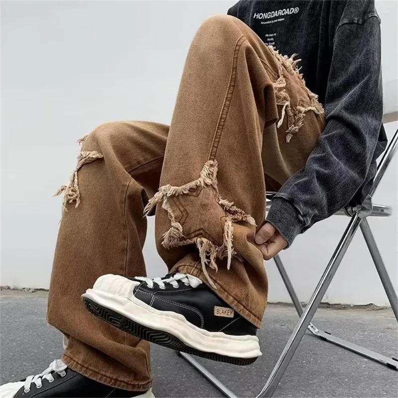 Jeans da uomo Stelle alla moda Asciugamano Ricamo Pantaloni larghi da uomo marroni Y2K Abiti maschili Pantaloni dritti Pantaloni Hip Hop Streetwear