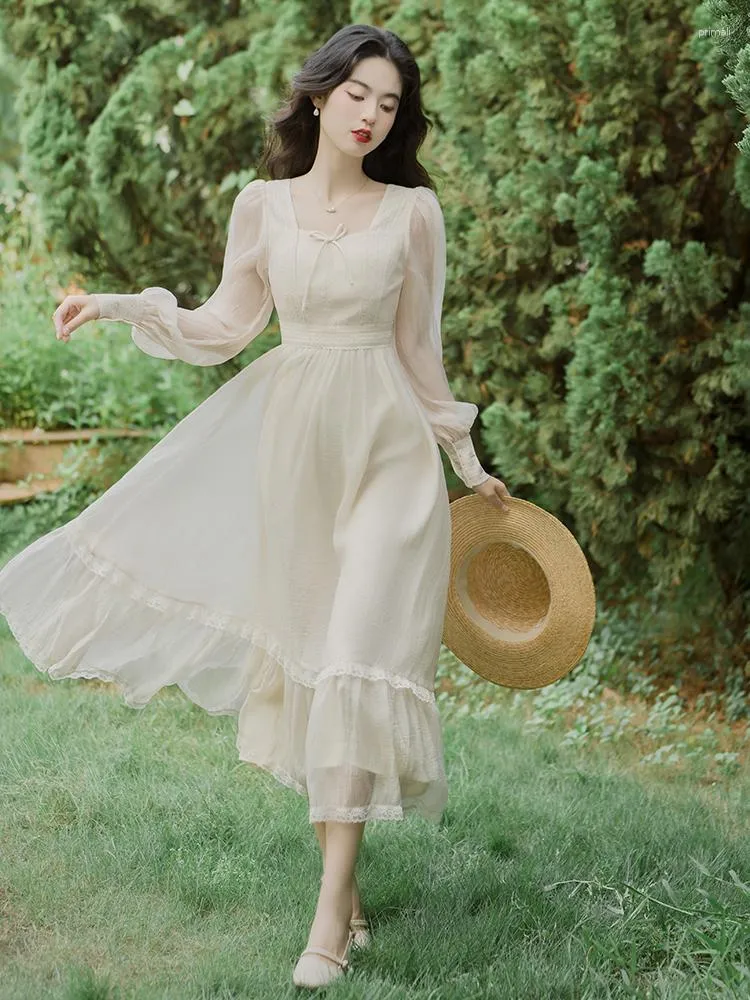 Casual Dresses Spring Women's Retro French Romantic High Grade Elegance Temperament Wrapped Up Fairy Swing Sweet Long Dress