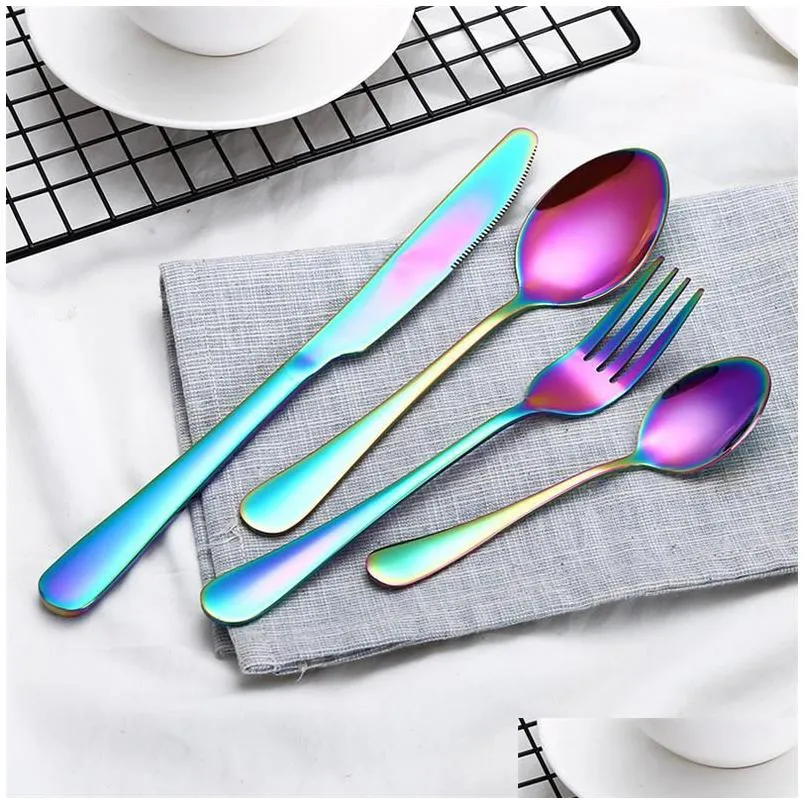 Flatvaruuppsättningar 4st/set rostfritt stål bestick guld Sier Rainbow Plated Restaurant Middag Knife Fork Spoon Kit Set Drop Delivery H DHZPL