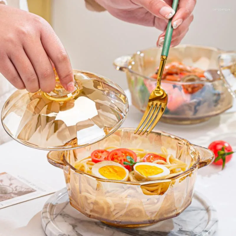 Servies Sets Diamond Pot Amber Crystal Glas Met Deksel Instant Noodle Bowl Salad Ears Brown Home