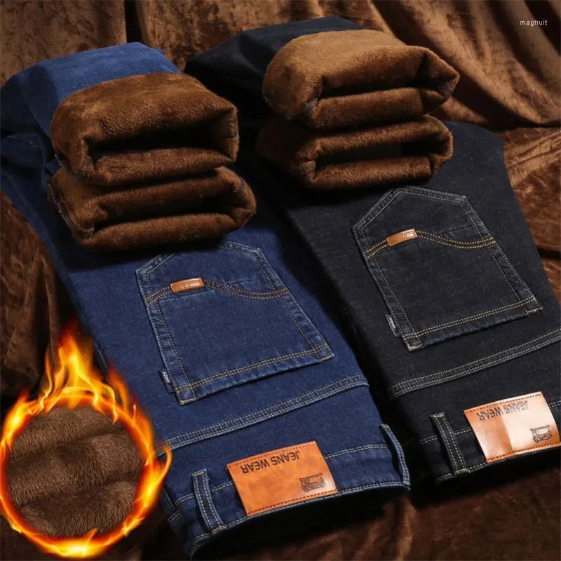 Jeans masculino térmico inverno neve quente de pelúcia esticado homem grosso de lã jeans calças compridas pai casual soltas