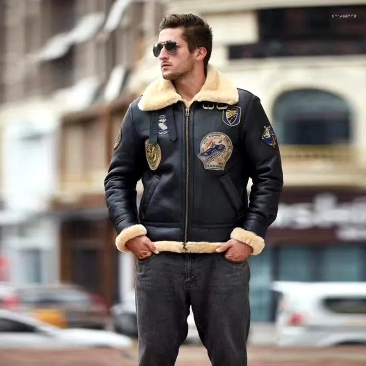 Jaquetas masculinas rápidas tamanho europeu dos EUA casaco de alta qualidade super quente couro de ovelha genuíno grande B3 Shearling Bomber jaqueta de pele militar