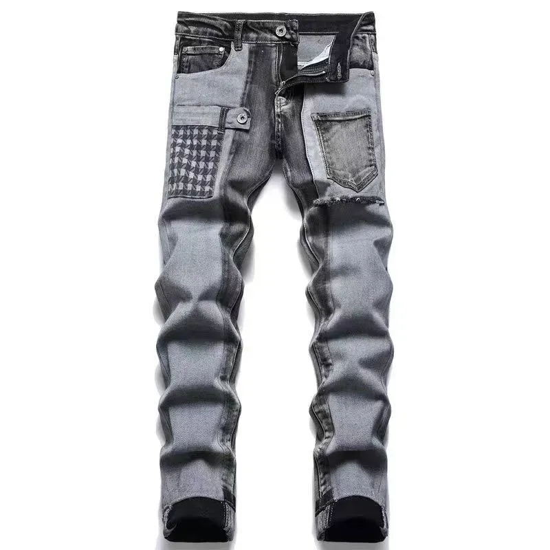 Trendy high street heren jeans broek mode designer jeans blauw gat gewassen casual broek jeugd klinknagel print patch zwart jean CHG2308059