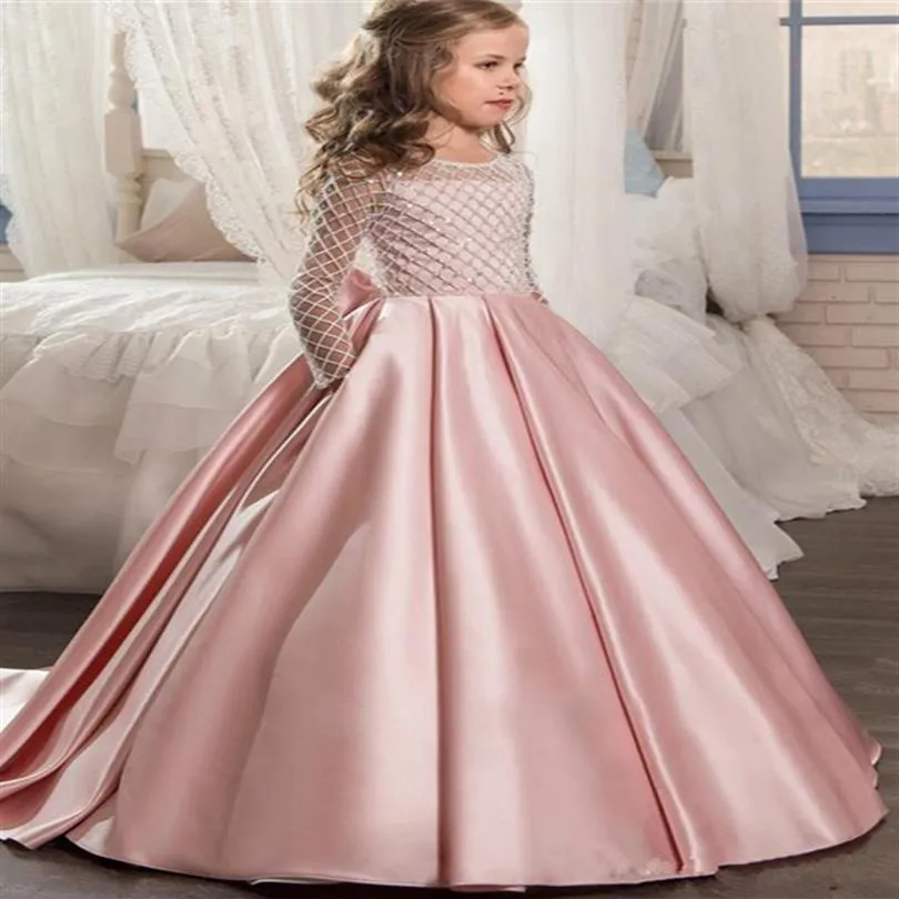 Pretty Flower Girl Dresses 3D Floral Applicies Bow Gilrs Pageant Dress Fashion Fluffy Tulle Long Birthday Dress Toddler Graduation318T