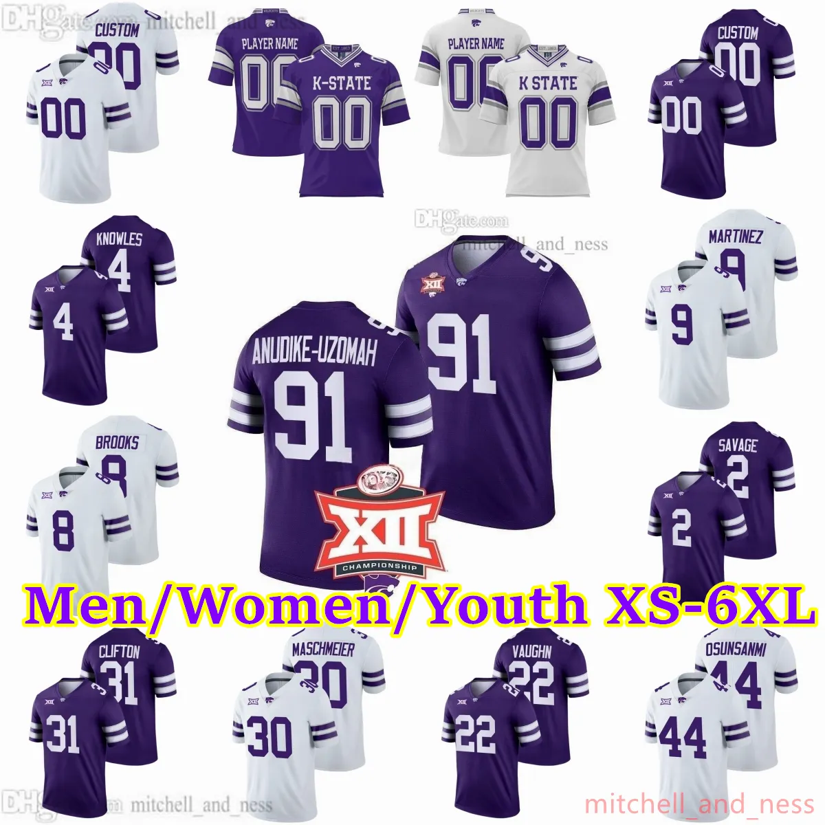 Özel XS-6XL NCAA Kansas Eyaleti Wildcats Futbol Jersey Osunsanmi Martinez Vaughn Knowles Howard Warner Clifton Savage Nelson Richards Neil Jr. Thompson Mitchell