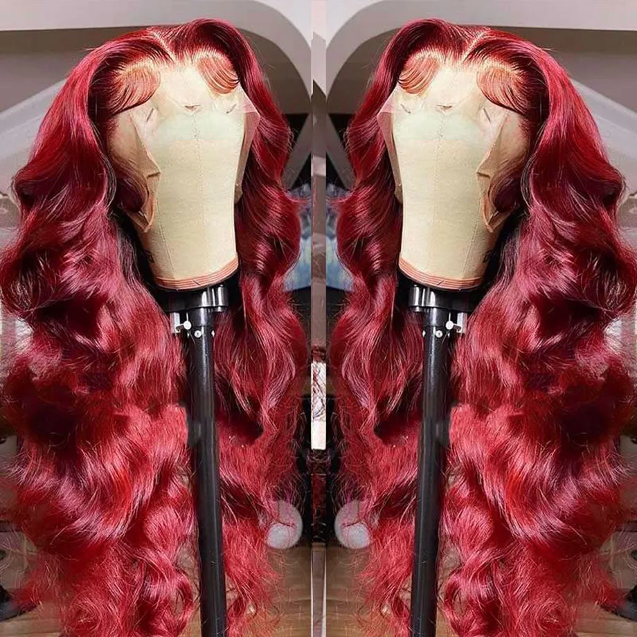 13x4 Body Wave Lace Front Human Hair Wig Brazilian Red Colored Remy Wigs for Women HD Transparent Lace Frontal Wig