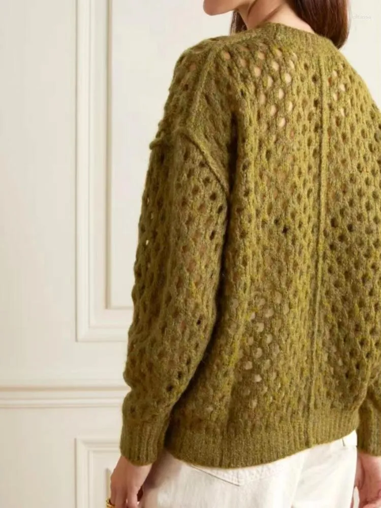 Kvinnors tröjor 2023 Autumn Winter Round Neck Avocado Green Hollow Women Loose Knitted Pullover Tröja Top