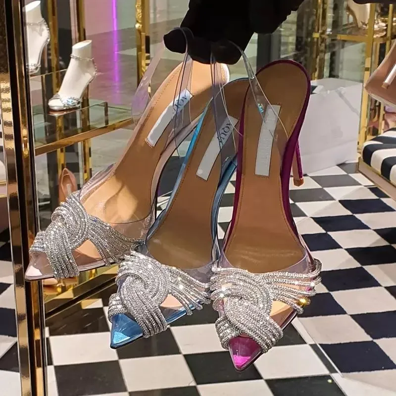 2023 Aura Crystal talons Sandales Luxury Designer Aquazzura strass décorer les chaussures habillées pour femmes Fashion Transparent PVC 10.5CM talon haut Rome sandale avec boîte
