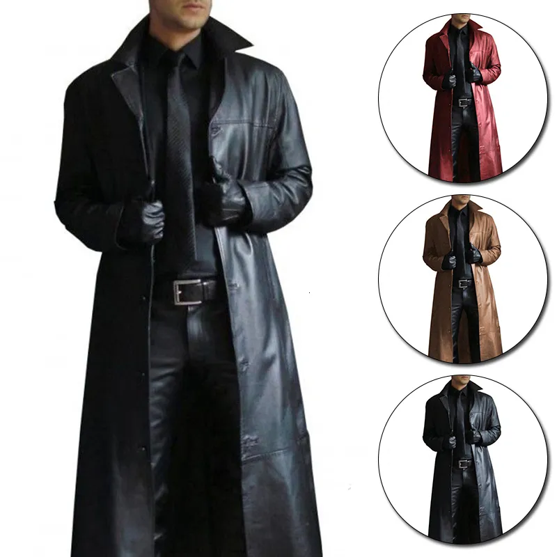 Mannen Trenchcoats Leren Jas Vintage Britse Stijl Windjack Knappe Effen Kleur Slimfit Overjas Lange Jas Plus Size S5XL 230804