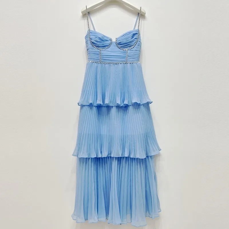 Urban Sexy Dresses Spring 2023 Lägg till blå färg Chiffon veckade ärmar S Midi Dress Backless Lady Cake Suspender 230804