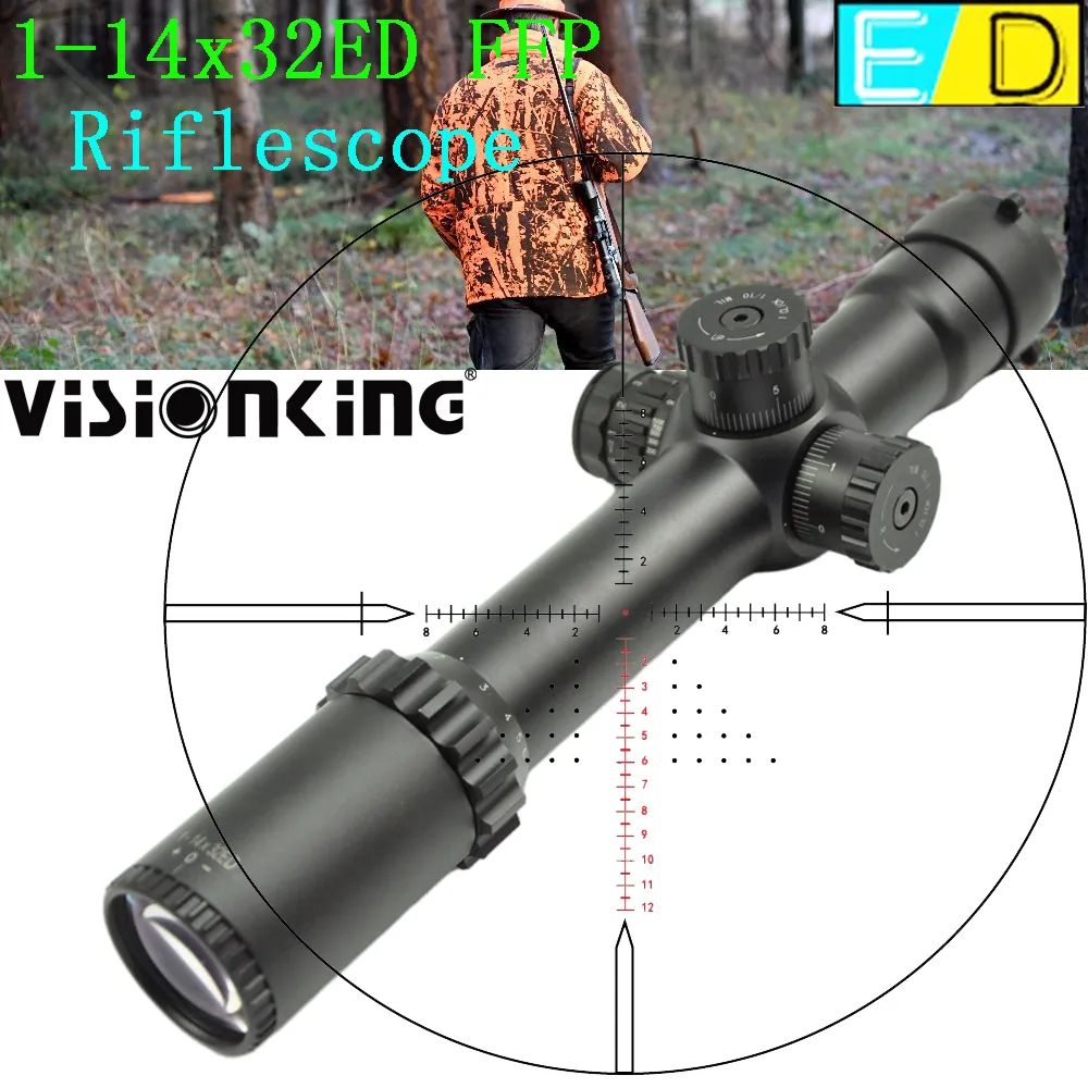 Visionking 1-14x32 ED Riflescope FMC 첫 번째 초점 비행기 측면 초점 사냥 HD 조명 질소가 충전 된 광 광학 방수 안개 보호