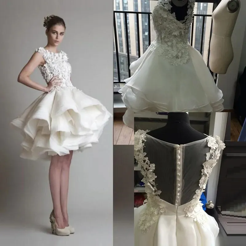 Krikor Jabotian Korte Kanten Trouwjurken 2023 Bateau Kapmouwtjes Ruglooze Knielengte A lijn Organza Strand Bruids Bowns