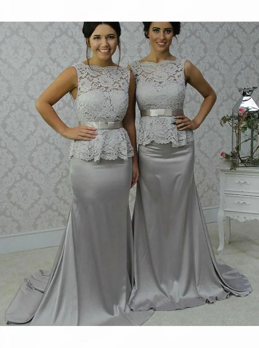 Elegant Silver Wedding Dress Wrap with Lace Top Sweep Train Sheath Wedding Dress With Lace Top And Bow Sash Silver  Bridesmaid Dress From Meetyy, $44.28 | DHgate.Com