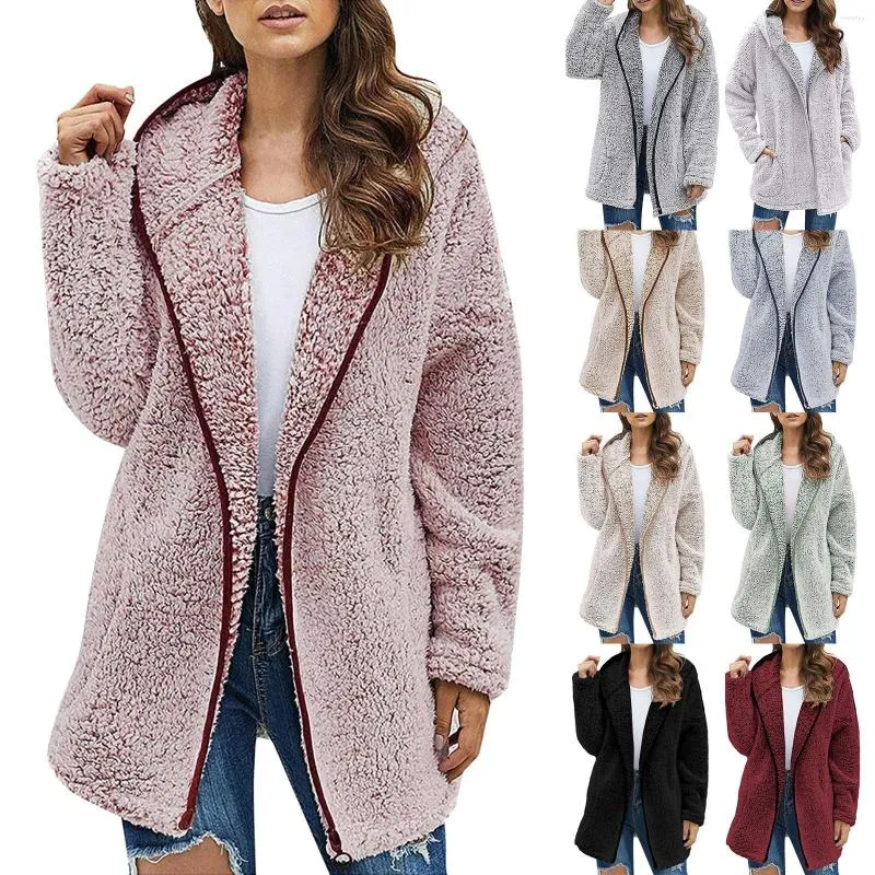 Sweats à capuche pour femmes laine artificielle couleur unie pull à capuche chaud longs manteaux pour femmes vestes lourdes