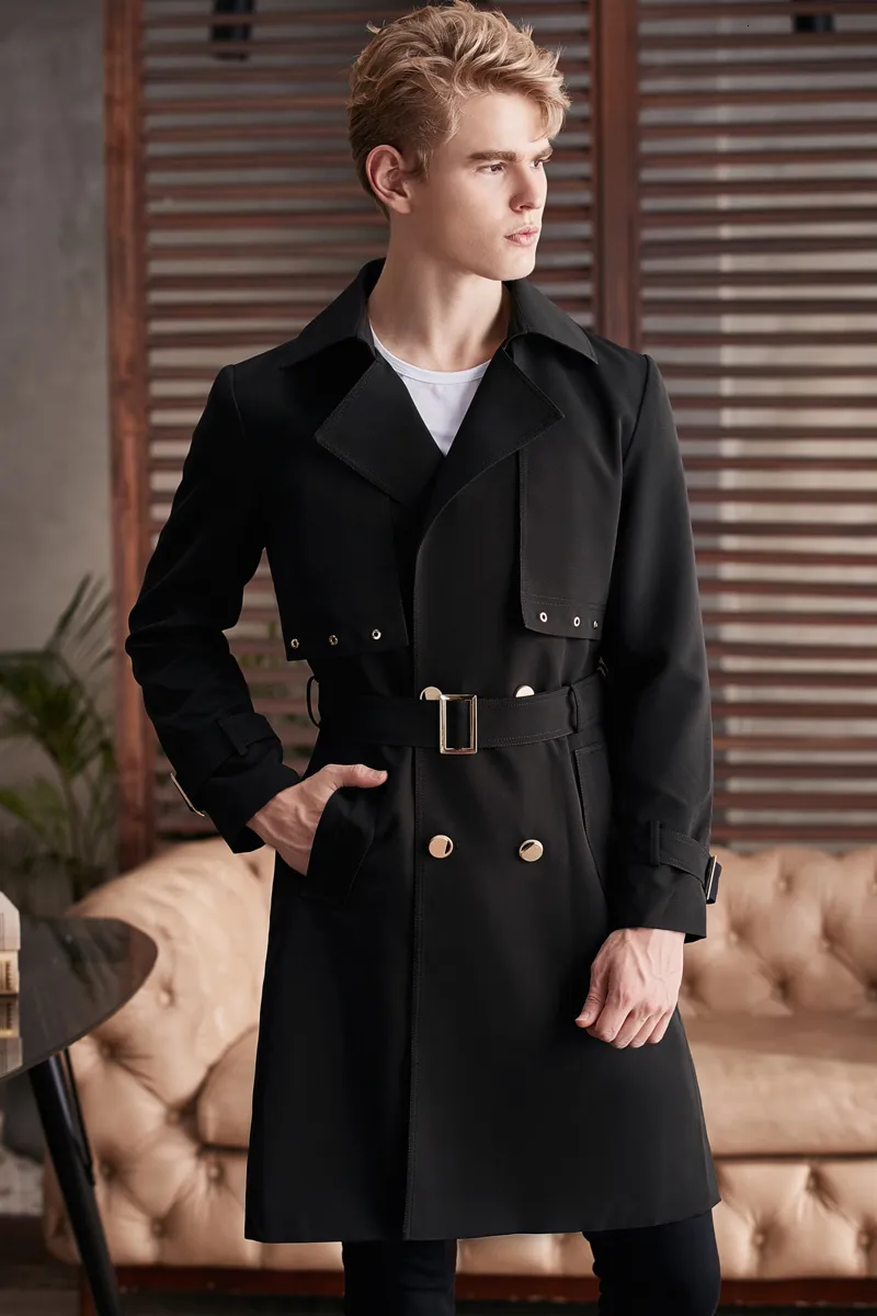 Herrgravrockar Autumn Europe Kneelength Coat Young Man Style Lång ärm Double Breasted Windbreaker Male Black Outwear 230804