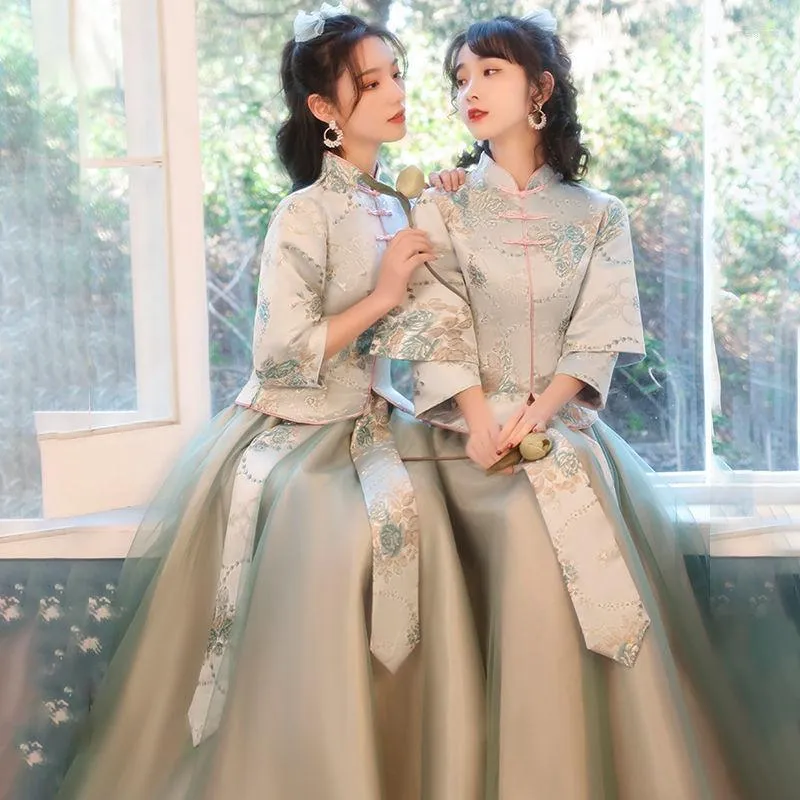 민족 의류 Pinkgreen 2pc 여성 중국 스타일 의상 의상 레이디 신부 들러리 드레스 탕 슈트 파티 쇼 Cheongam Wedding Cosplay