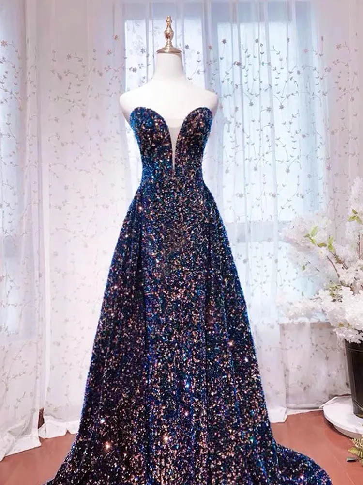 Navy/Burgundy Sequin glitter Formal dress with Sweep Train - Elegant Formal Gown