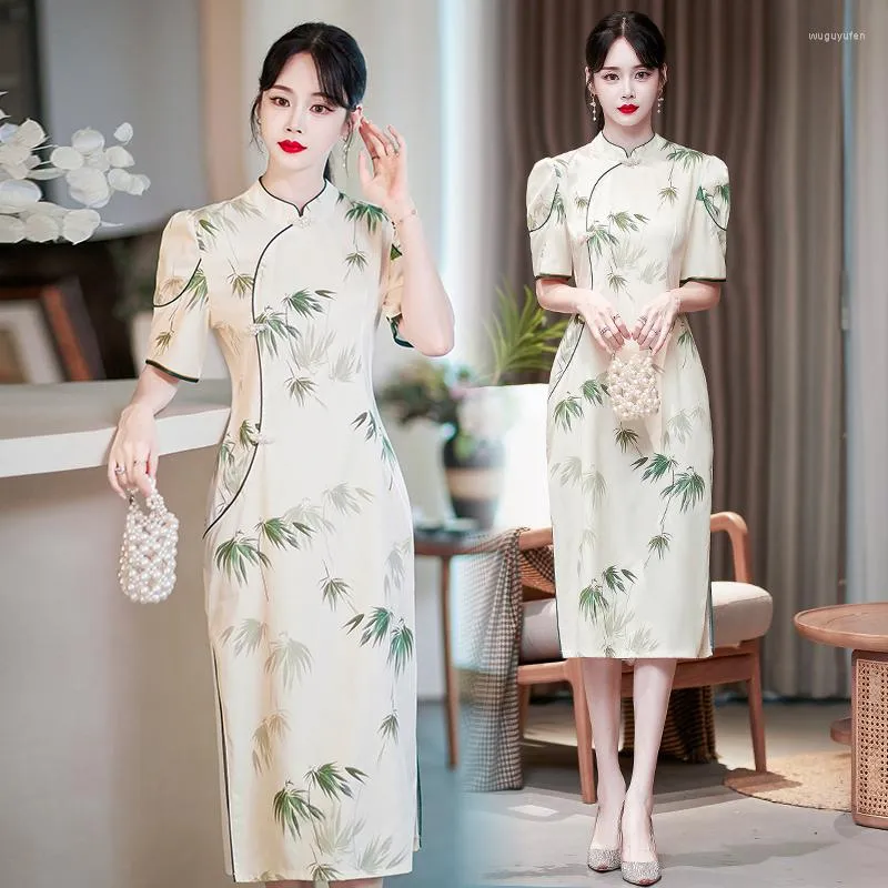 Etnisk klädmode förbättrad cheongsam kinesisk traditionell retro kort ärm qipao klänning cny