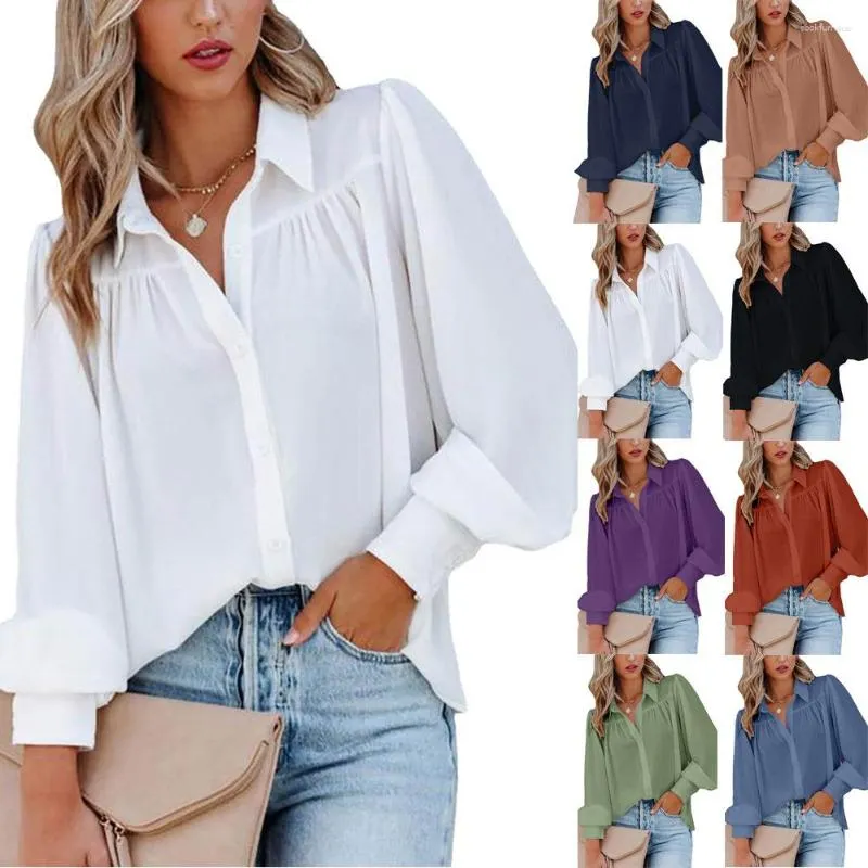 Kvinnors blusar 2023 Fashion Ladies OL Button Loose Blue Tops Spring Summer Women Slow Down Collar Long Sleeve Workwear Shirts
