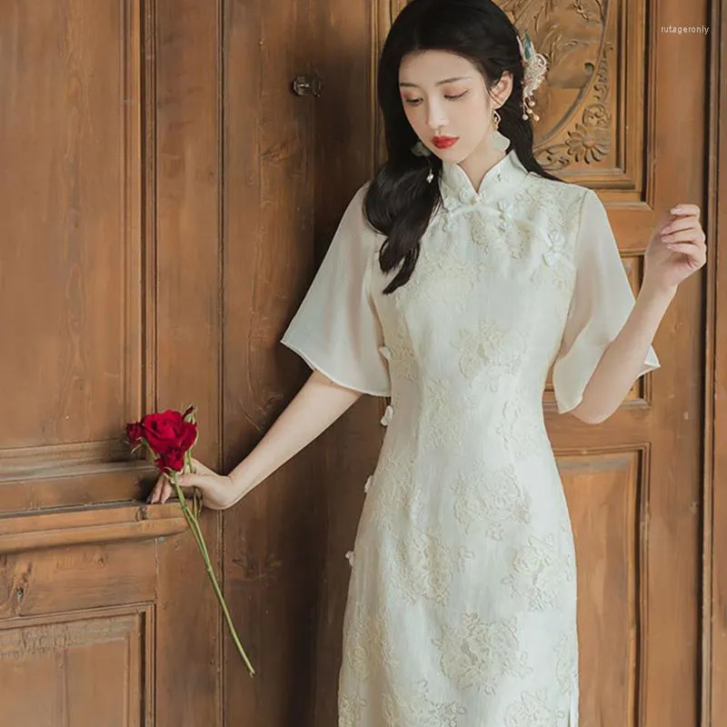 Elegant Beige Cheongsam Dress for Women 2024 Summer Vintage Midi Qipao with Modern Sweet Girl Style Polyester Woven Chinese Traditional Clothing