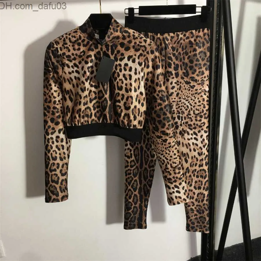 Women's Tracksuits Cheetah Women's Two Piece Pants Tracksuits Suits Leopard Print Long Sleeves Short Jacket Waist Slim Leggings Sport Suit Z230805