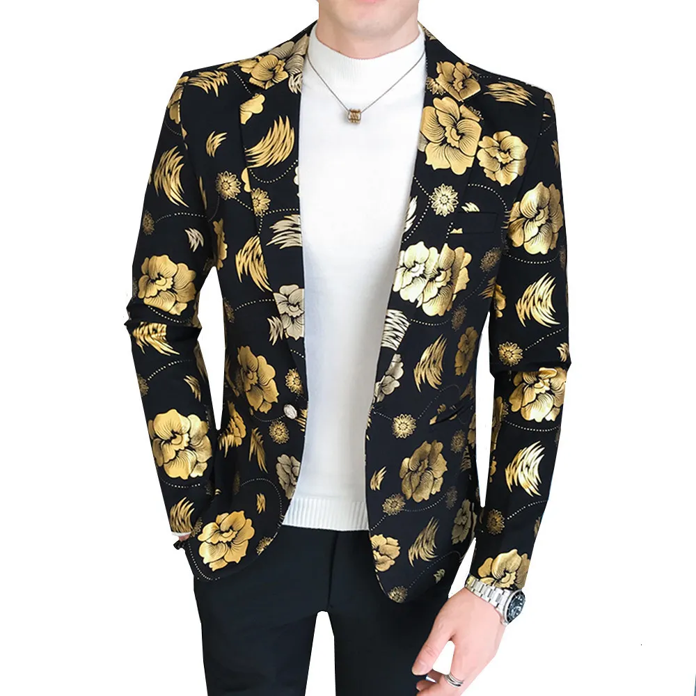 Abiti da uomo Blazer Smoking da uomo Blazer floreale slim fit Giacca da giacca Trend Stampa Fiori Moda maschile Party Stage Abito formale Blazer oro argento 230804