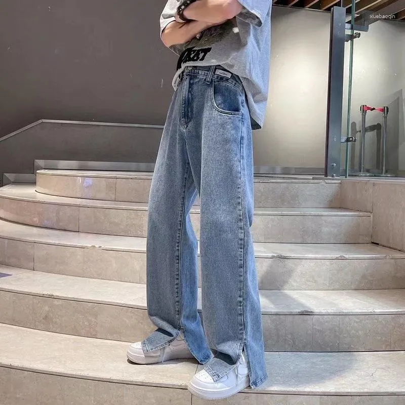 Herren Jeans American Vintage Trend Y2k Männer Kleidung Baggy Gerade Breites Bein Split Reißverschluss Hip Hop High Street Denim Hosen Männliche Hosen