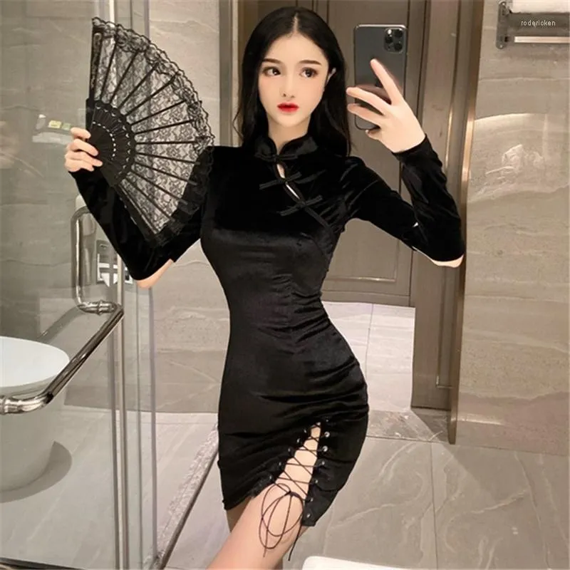 2023 Autumn Velvet Qipao Cheongsam Dress With Buckle Strap Retro ...