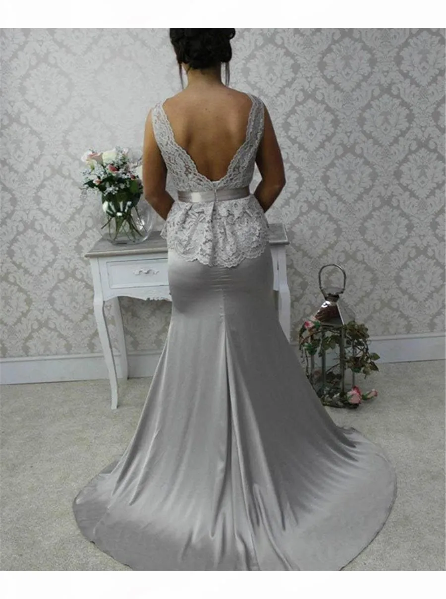 Elegant Silver Wedding Dress Wrap with Lace Top Sweep Train Sheath Wedding Dress With Lace Top And Bow Sash Silver  Bridesmaid Dress From Meetyy, $44.28 | DHgate.Com