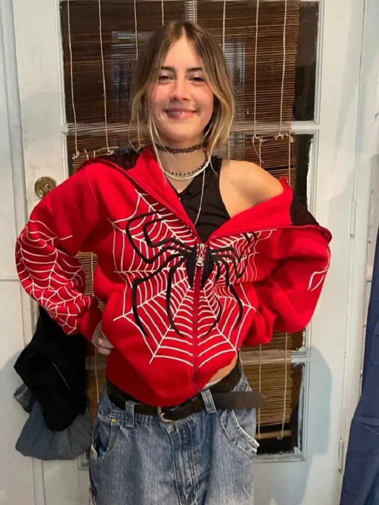 Moletons Masculinos Y2k Emo Feminino Streetwear Moletom Com Capuz Teia de Aranha Vermelho Moletom Com Capuz Grunge Oversized Moletom Gótico Harajuku Alt Jaquetas Roupas 230804