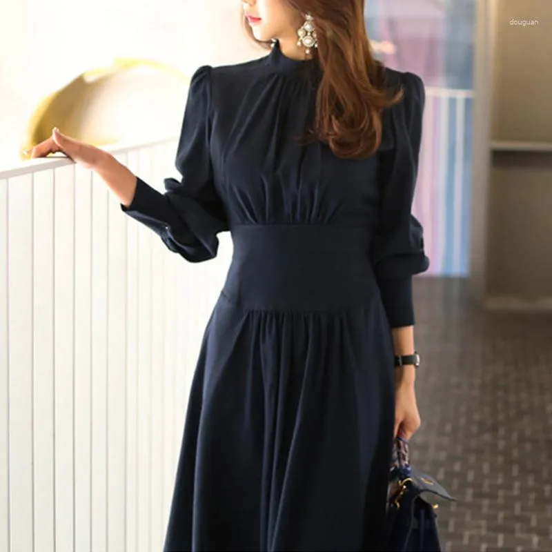 Casual Dresses Stand Collar Lantern Sleeves Women 2023 Spring OL Professional High Waist Slim Fit Drape Large Hem Clothing Long Dress