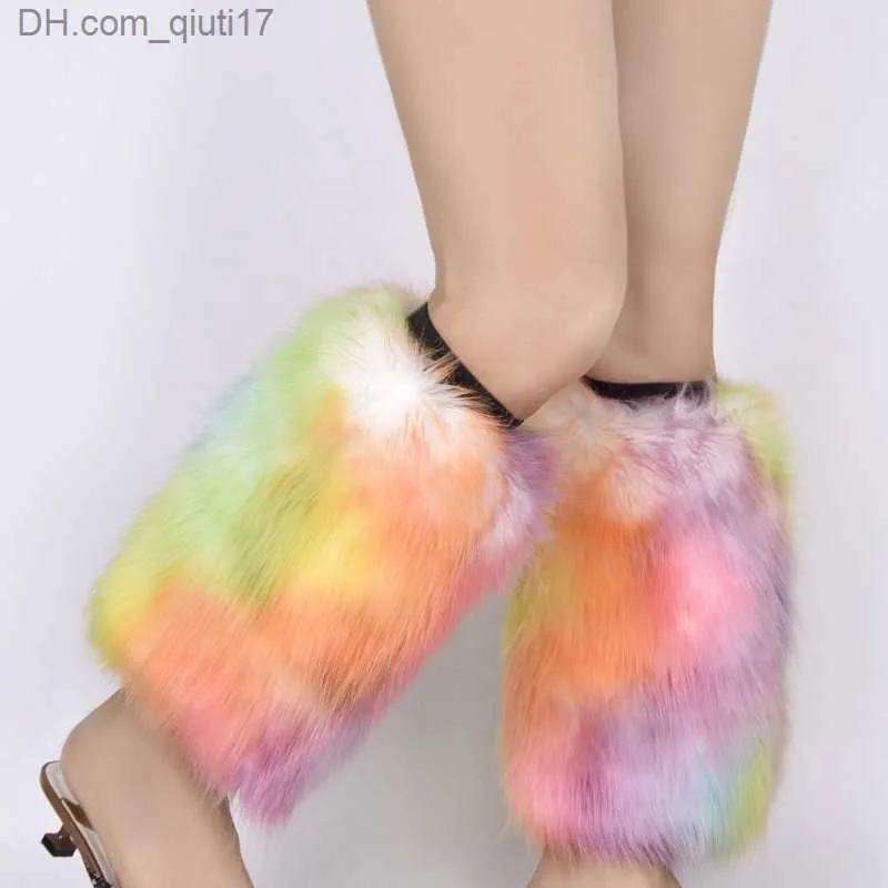 Slippers Women's artificial fur leg insulation boots with vibrant neon fur plush leg shoes cuffs carnival parties calf length socks Z230805