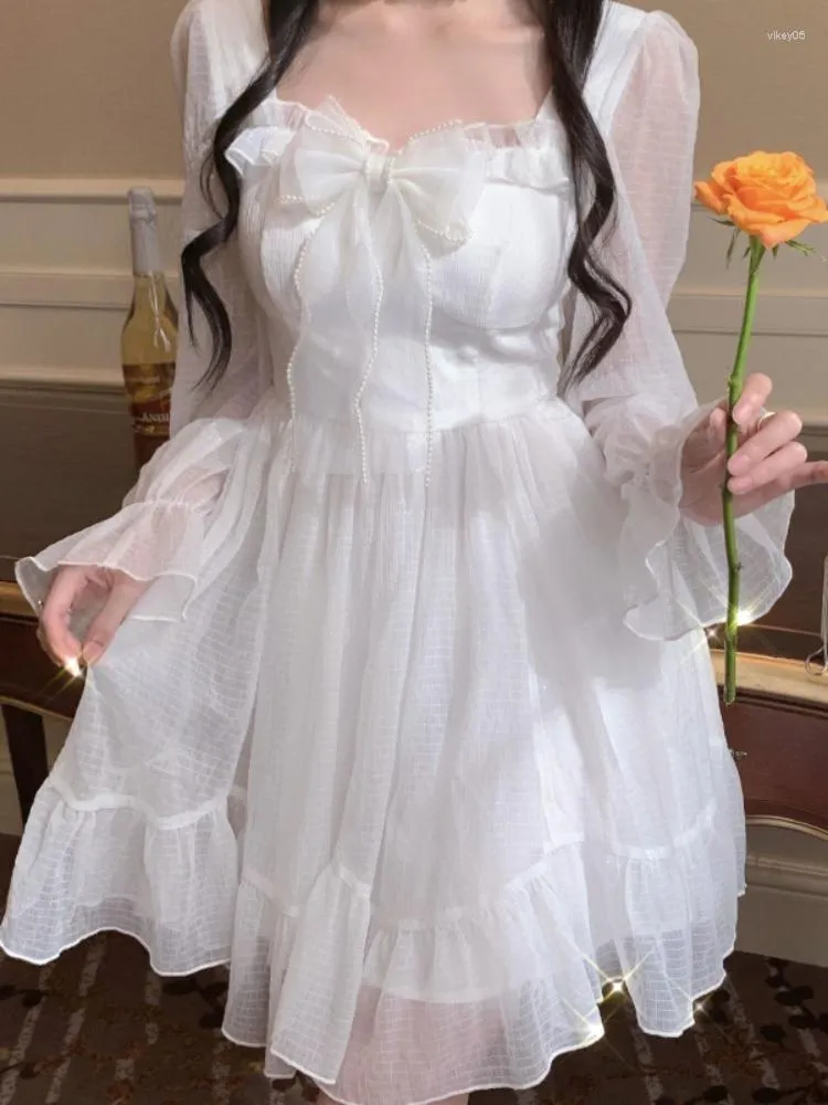 Casual Dresses White Kawaii Dress Women Chiffon Lolita Style Long Sleeve Mini Bow Fairy Robe Ruffles Patchwork Square Collar2023