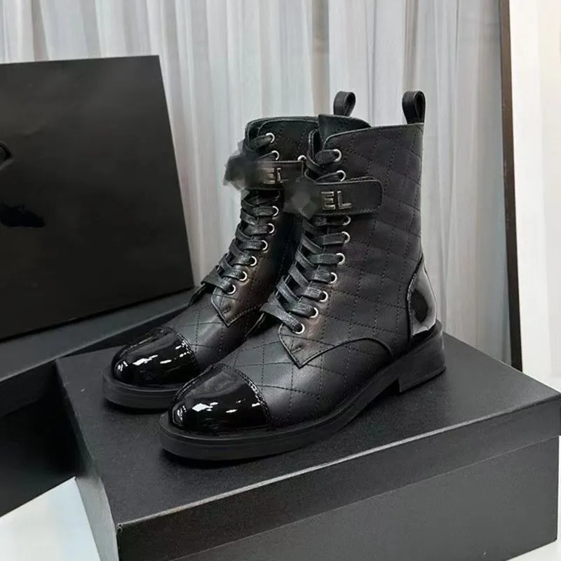 CHANNEL Quilted Tweed Combat Patent Leather Bootss Real Leather Womens Ankle Patent Leather Bootss With Patent Black Cap Toe Lace Up Mid Patent Leather Boots Designer Biker Platform Flats And Low Heel