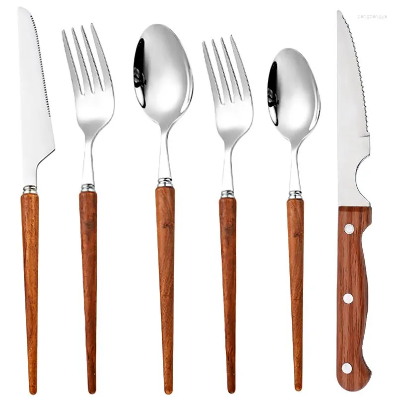 Conjuntos de louça 6 pcs alça de madeira conjunto de talheres de aço inoxidável 304 bife faca garfo colher de café talheres cozinha ocidental talheres