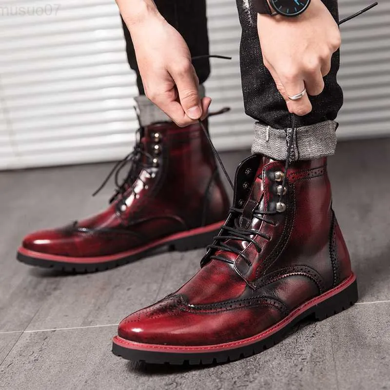 Boots New Retro Red Men Chelsea Boots Designer High top Formal Shoes Men High Quality Fashion Leather Ankle Boots Men Plus size 38-48 L230806