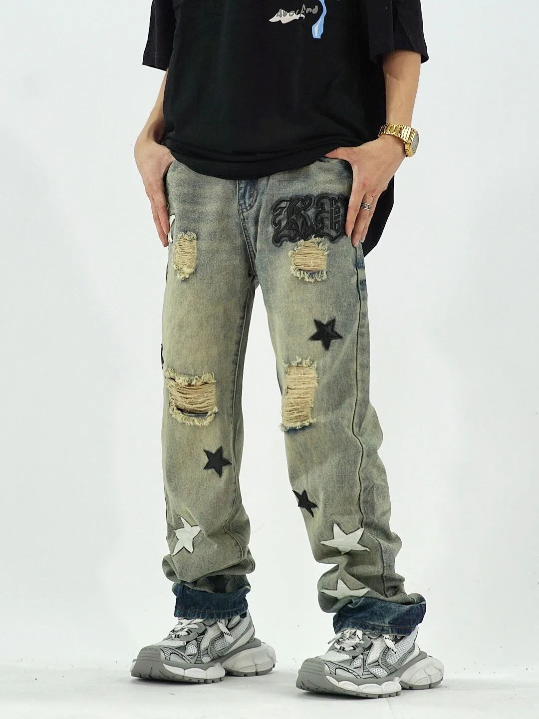 Jeans masculino American Street Wash Jeans Star Hole Calças masculinas e femininas largas retas High Street streetwear pantalon homme jean 230804